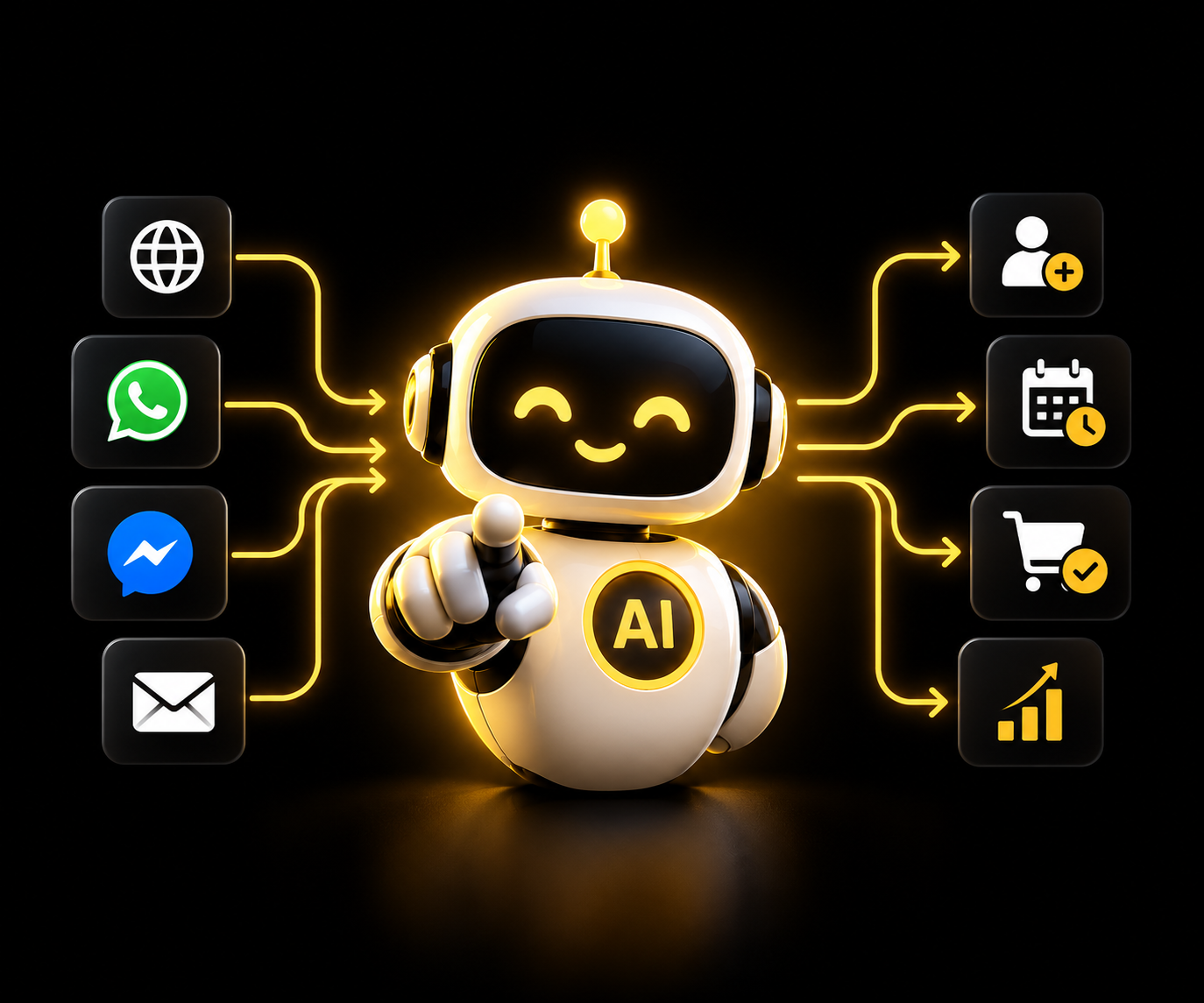 Friendly AI robot connecting website, WhatsApp, Messenger and email enquiries with lead capture, bookings and sales outcomes.